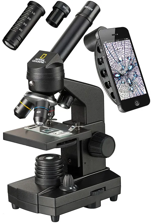 zdjęcie mikroskop Bresser National Geographic o powiększeniu 40–1280 razy z uchwytem do smartfonu,  1