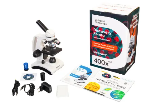 zdjęcie mikroskop cyfrowy Levenhuk Discovery Femto Polar z książką,  2
