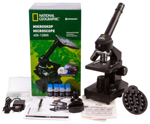 zdjęcie mikroskop Bresser National Geographic o powiększeniu 40–1280 razy z uchwytem do smartfonu,  2