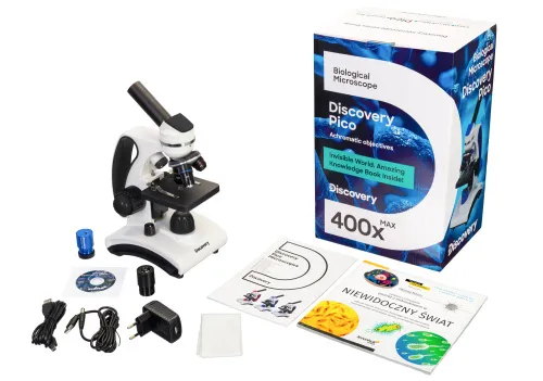 zdjęcie mikroskop cyfrowy Levenhuk Discovery Pico Polar z książką,  2