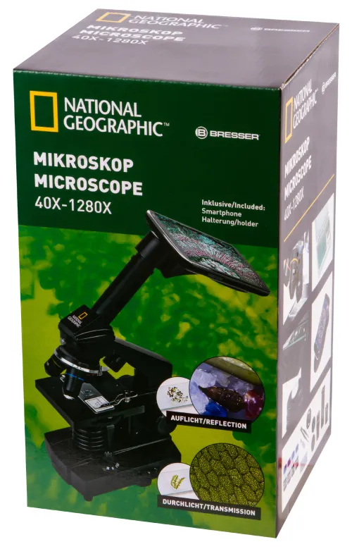 zdjęcie mikroskop Bresser National Geographic o powiększeniu 40–1280 razy z uchwytem do smartfonu,  18