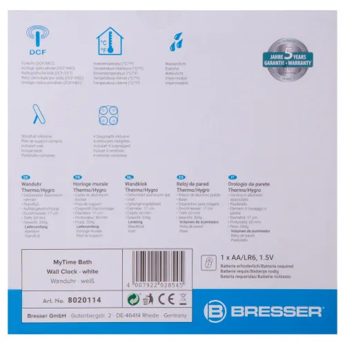 fotografia wodoszczelny zegar ścienny do łazienki Bresser MyTime Bath, biały,  8