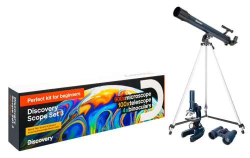 foto zestaw Levenhuk Discovery Scope 3 z książką,  2