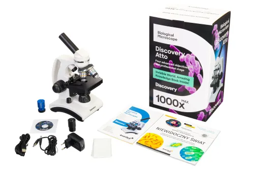 zdjęcie mikroskop cyfrowy Levenhuk Discovery Atto Polar z książką,  2