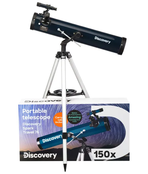 foto teleskop Levenhuk Discovery Spark Travel 76 z książką,  2